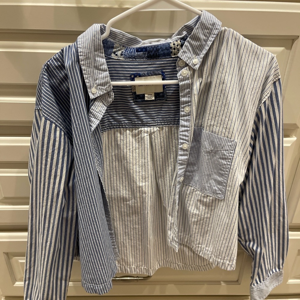 American Eagle Patchwork Stripe Button-Up Shirt B… - image 4